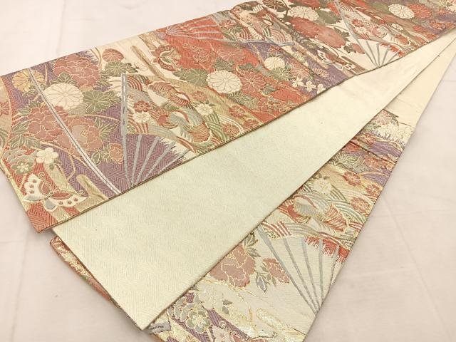 平和屋着物◎佐賀錦 六通柄袋帯 扇面動物花文 金銀糸 正絹 逸品 BAAU6631yc