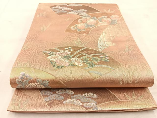 平和屋着物◎六通柄袋帯 唐織 立波地紙草花文 金糸 引箔 正絹 逸品 BAAU6635yc