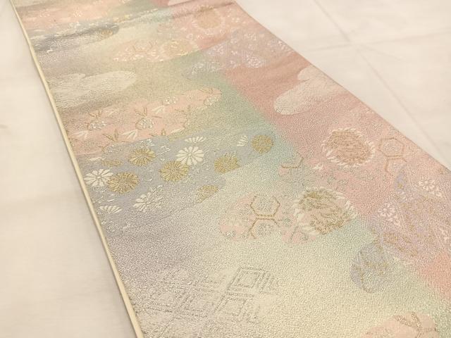 平和屋着物◎六通柄袋帯 唐織 雲取り花鳥文 金銀糸 正絹 逸品 BAAU6672yc