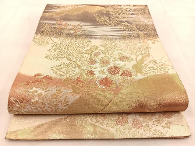 平和屋着物◎六通柄袋帯 唐織 遠山風景花文 金銀糸 正絹 逸品 BAAU6696yc