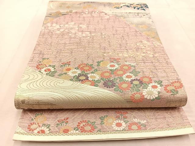 平和屋着物◎六通柄袋帯 唐織 流水遠山花文 金銀糸 正絹 逸品 BAAU6702yc