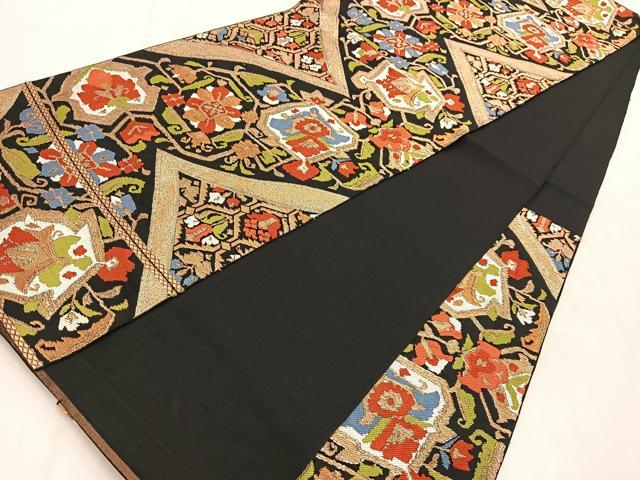 平和屋着物◎六通柄 本袋帯 唐織 更紗花唐草文 黒地 金糸 BAAU6725yc