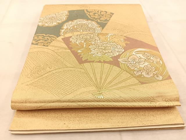 平和屋着物◎太鼓柄袋帯 螺鈿箔 立波扇面花文 金糸 正絹 逸品 BAAU6737yc