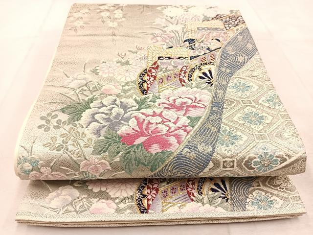 平和屋着物◎六通柄袋帯 唐織 御所車花文 プラチナ二重織 正絹 逸品 BAAU6738yc