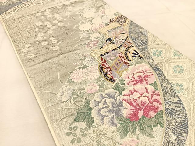 平和屋着物◎六通柄袋帯 唐織 御所車花文 プラチナ二重織 正絹 逸品 BAAU6738yc