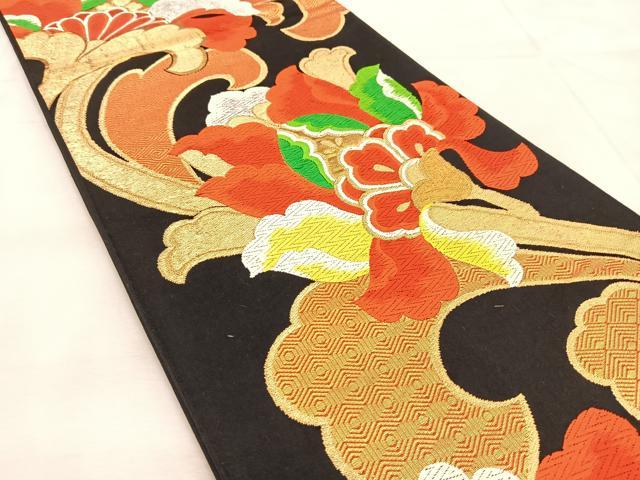 平和屋着物◎六通柄袋帯 唐織 更紗花唐草文 黒地 金銀糸 正絹 逸品 BAAU6762yc