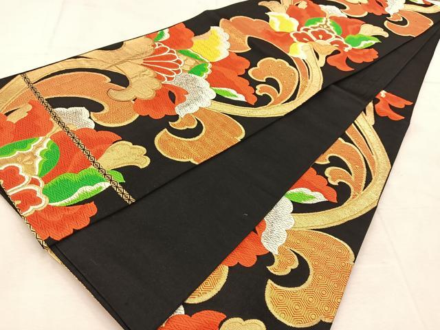 平和屋着物◎六通柄袋帯 唐織 更紗花唐草文 黒地 金銀糸 正絹 逸品 BAAU6762yc