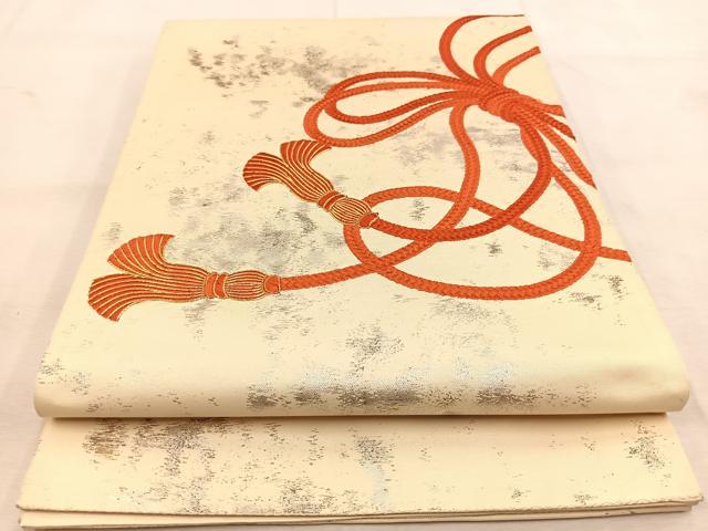 平和屋着物◎太鼓柄袋帯 総刺繍 駒刺繍 結び紐文 金銀糸 引箔 正絹 逸品 BAAU6781yc
