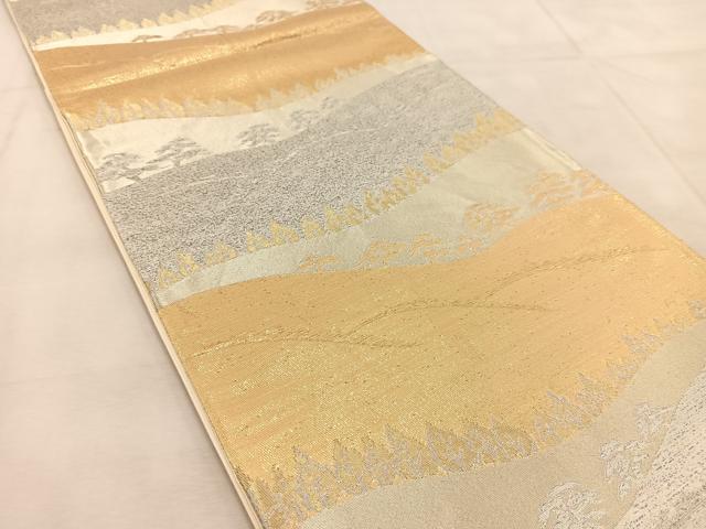 平和屋着物◎六通柄袋帯 横段樹林松文 金銀糸 正絹 逸品 BAAU6805yc