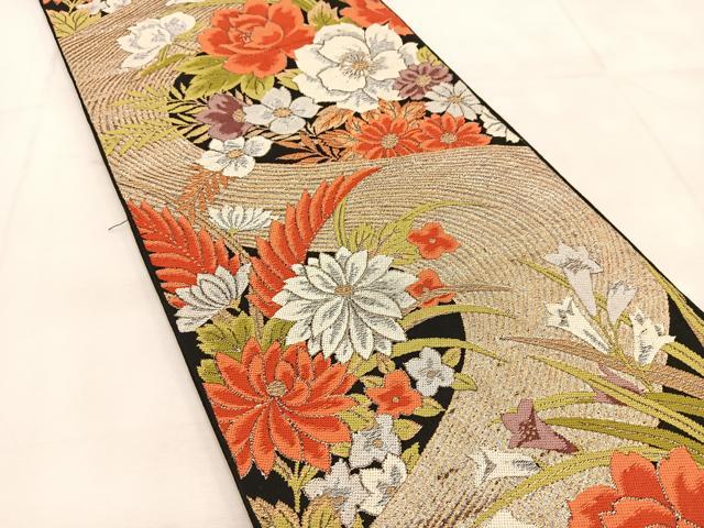 平和屋着物◎六通柄 本袋帯 唐織 花流水 黒地 金銀糸 正絹 逸品 BAAU6807yc