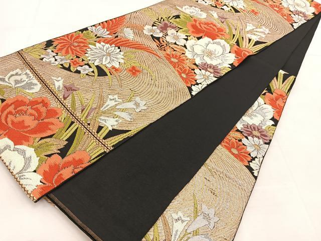 平和屋着物◎六通柄 本袋帯 唐織 花流水 黒地 金銀糸 正絹 逸品 BAAU6807yc