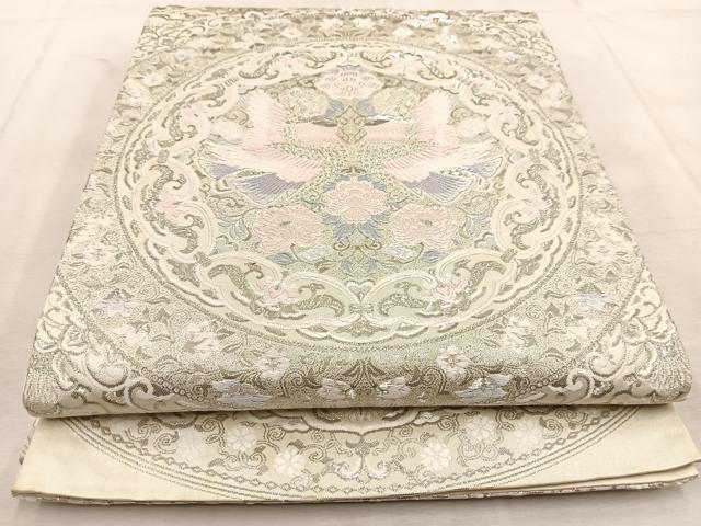 平和屋着物◎六通柄袋帯 唐織 向かい鳥花丸文 銀糸 正絹 逸品 BAAU6830yc