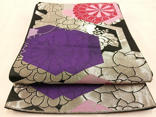 平和屋着物◎六通柄袋帯 唐織 亀甲菊花文 黒地 銀糸 BAAU6838yc