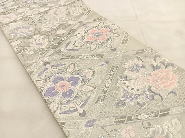 平和屋着物◎六通柄袋帯 唐織 九百錦 プラチナ箔 菱天井更紗花鳥文 正絹 逸品 BAAU6982yc