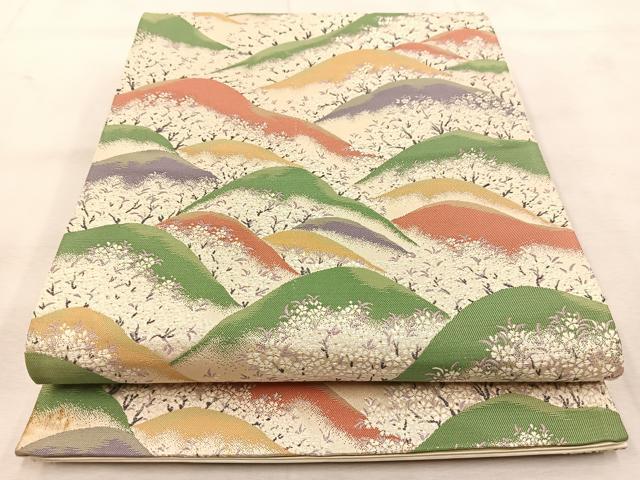 平和屋着物◎六通柄袋帯 唐織 吉野の里 銀糸 正絹 逸品 BAAU6991yc