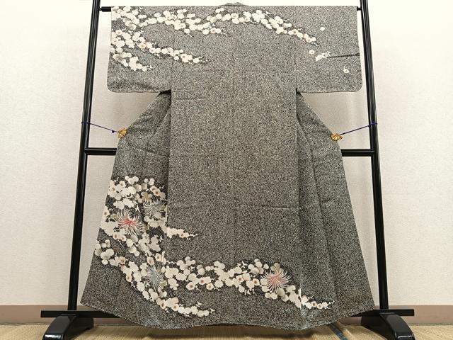 平和屋着物●訪問着 刺繍 乱菊 枝花文 たたき染め 黒地 正絹 逸品 未使用 BAAU7108gt