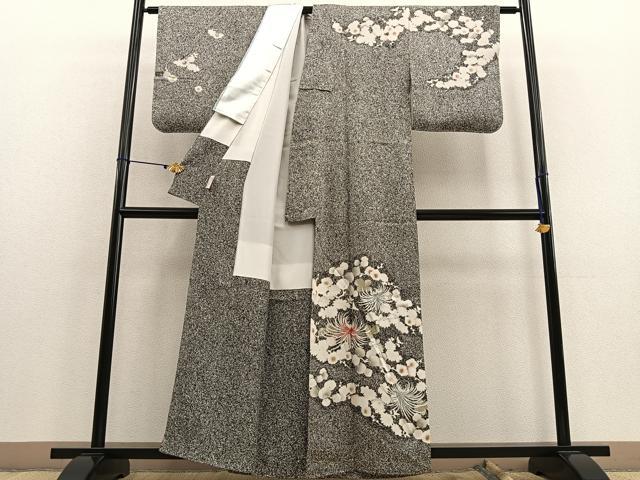 平和屋着物●訪問着 刺繍 乱菊 枝花文 たたき染め 黒地 正絹 逸品 未使用 BAAU7108gt