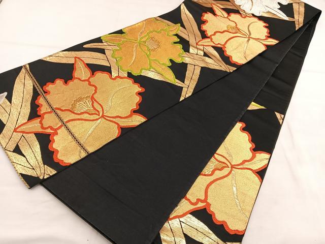 平和屋着物◎六通柄袋帯 唐織 カトレア 黒地 金銀糸 正絹 逸品 BAAU7620hv