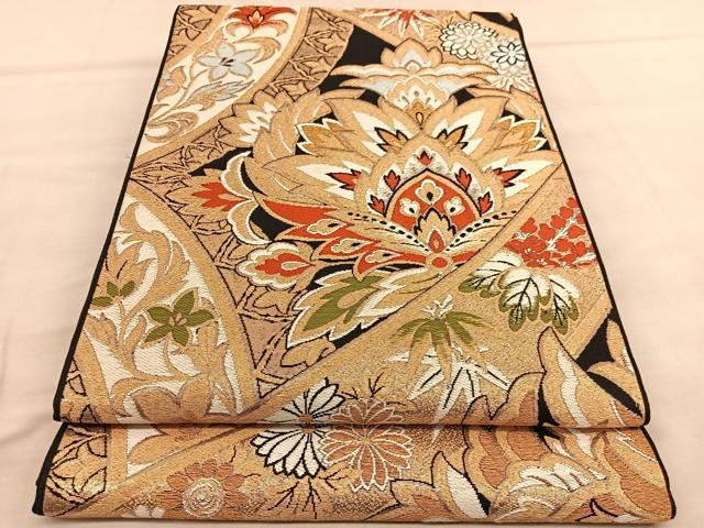 平和屋着物○六通柄袋帯 作家物 更紗花文 金糸 正絹 逸品