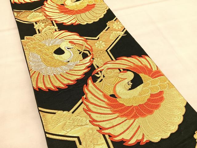 平和屋着物◎六通柄袋帯 唐織 鶴 黒地 金銀糸 正絹 逸品 BAAU7636hv