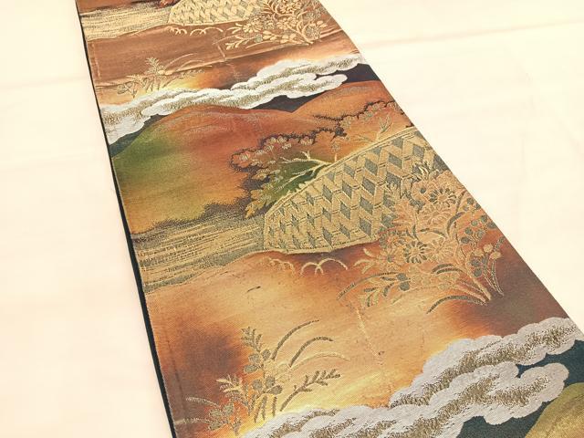 平和屋着物◎六通柄袋帯 遠山秋草文 金銀糸 正絹 逸品 BAAU7647hv