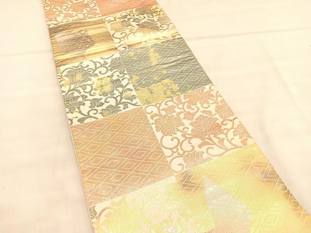 平和屋着物◎六通柄袋帯 市松花唐草文 金糸 正絹 逸品 BAAU7657hv