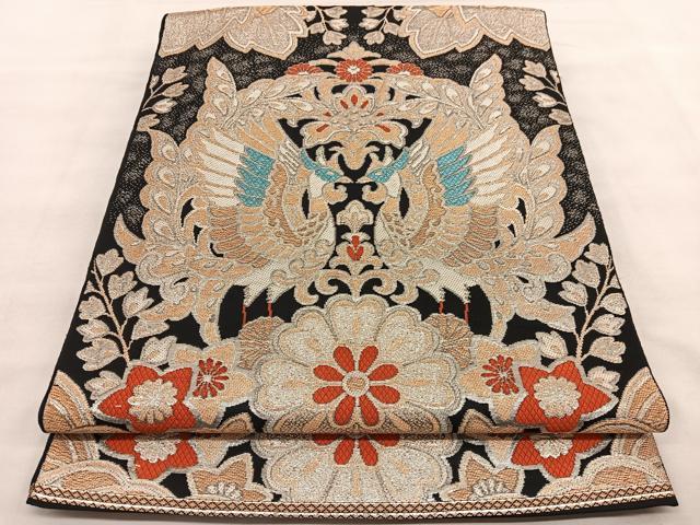 平和屋着物◎六通柄 本袋帯 唐織 鳳凰草花文 黒地 金銀糸 正絹 逸品 BAAU7674hv