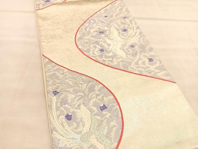 平和屋着物◎六通柄袋帯 唐織 推朱錦 鳳凰花文 銀糸 正絹 逸品 BAAU7695hv