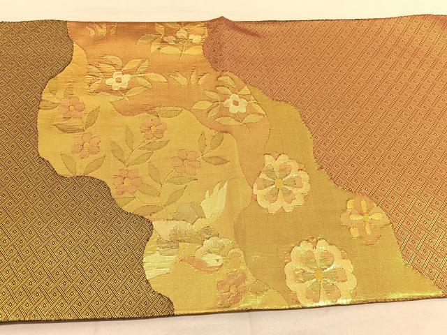 平和屋着物◎佐賀錦 太鼓柄袋帯 花喰い鳥 金糸 正絹 逸品 BAAU7715hv
