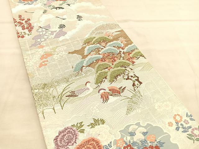 平和屋着物◎六通柄袋帯 唐織 鴛鴦浜松文 銀糸 正絹 逸品 BAAU7941hv