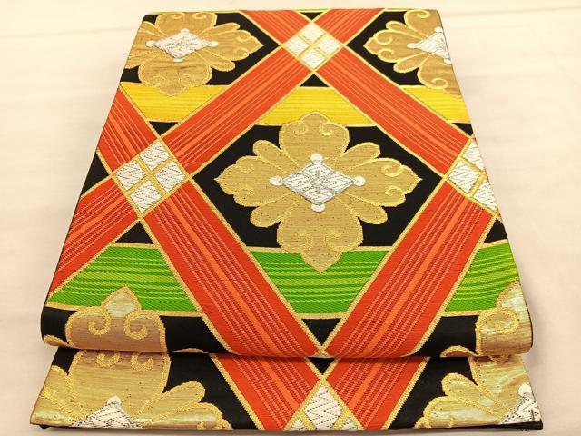 平和屋着物◎六通柄袋帯 唐織 花菱文 黒地 金銀糸 正絹 逸品 BAAU7952hv