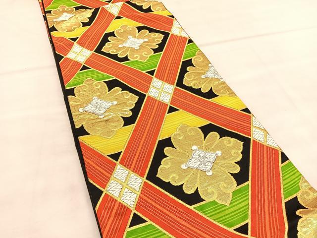平和屋着物◎六通柄袋帯 唐織 花菱文 黒地 金銀糸 正絹 逸品 BAAU7952hv