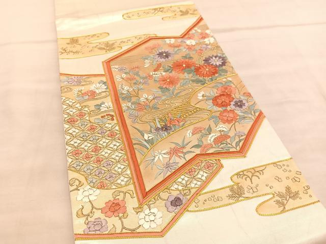 平和屋着物◎太鼓柄袋帯 総駒刺繍 流水花文 金糸 引箔 正絹 逸品 BAAU7957hv