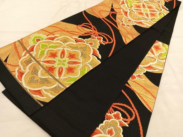 平和屋着物◎六通柄袋帯 唐織 几帳花菱文 黒地 金糸 正絹 逸品 BAAU7973hv