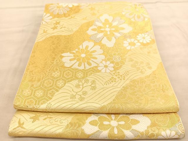平和屋着物◎六通柄袋帯 唐織 立波花鳥文 金銀糸 BAAU8013hv
