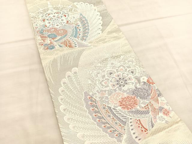 平和屋着物◎六通柄袋帯 唐織 孔雀花文 プラチナ参重織 正絹 逸品 BAAU8068hv