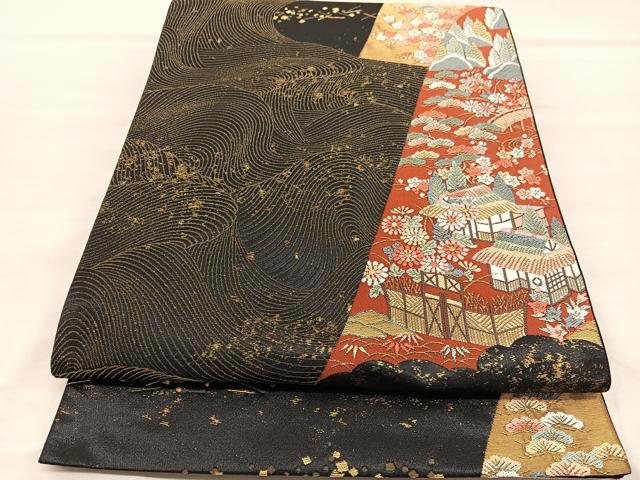 平和屋着物◎六通柄袋帯 唐織 離宮春秋山取小袖 黒地 金糸 正絹 逸品 BAAU8092hv