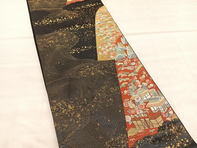 平和屋着物◎六通柄袋帯 唐織 離宮春秋山取小袖 黒地 金糸 正絹 逸品 BAAU8092hv