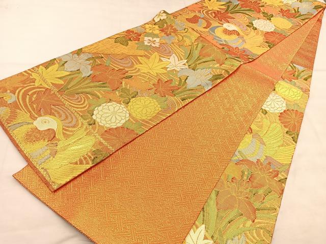 平和屋着物◎佐賀錦 六通柄袋帯 竜田川鴛鴦花文 金糸 正絹 逸品 BAAU8104hv