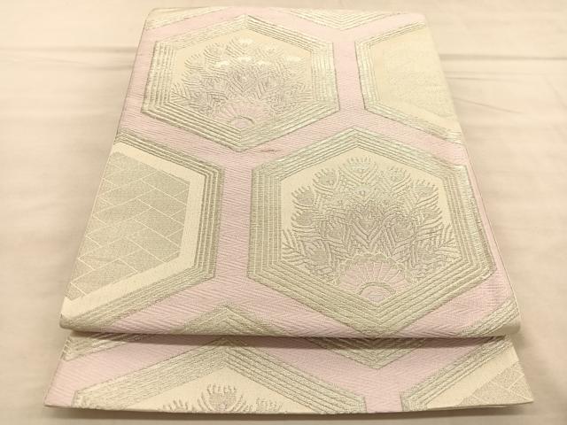 平和屋着物◎六通柄袋帯 唐織 亀甲羽根花文 銀糸 正絹 逸品 BAAU8106hv