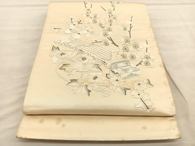 平和屋着物◎太鼓柄袋帯 総刺繍 琴牡丹梅文 銀糸 銀通し地 正絹 逸品 BAAU8125hv