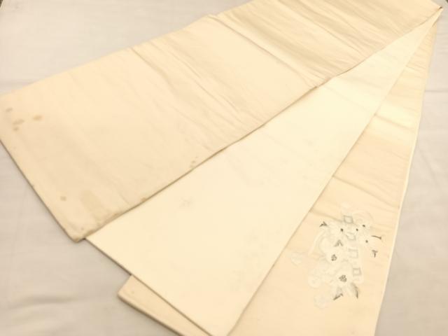 平和屋着物◎太鼓柄袋帯 総刺繍 琴牡丹梅文 銀糸 銀通し地 正絹 逸品 BAAU8125hv