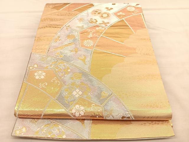 平和屋着物◎六通柄袋帯 唐織 宝尽くし 源氏車花文 金銀糸 正絹 逸品 BAAU8135hv
