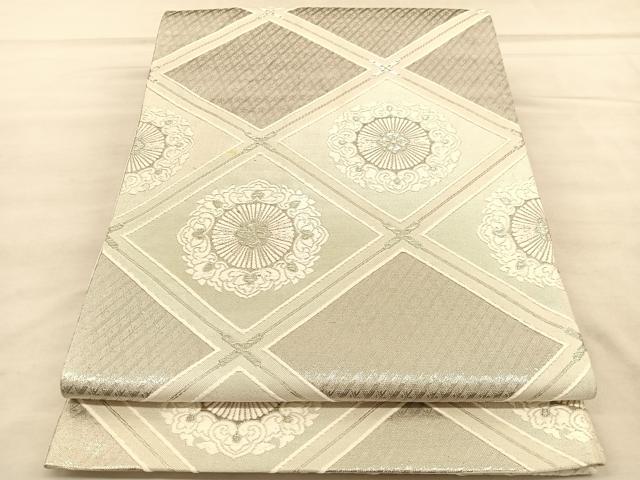 平和屋着物◎六通柄袋帯 唐織 菱天井花文 九百白眉錦 銀糸 正絹 逸品 BAAU8137hv