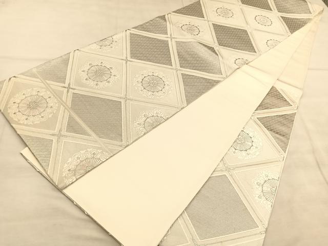 平和屋着物◎六通柄袋帯 唐織 菱天井花文 九百白眉錦 銀糸 正絹 逸品 BAAU8137hv