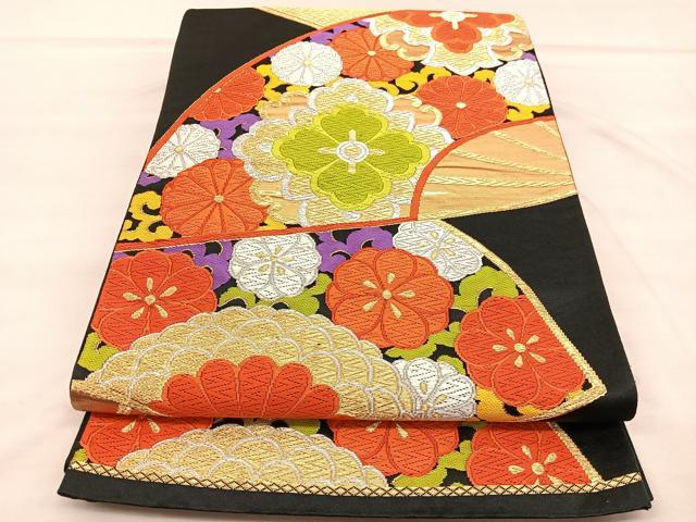 平和屋着物◎六通柄袋帯 唐織 扇面花文 黒地 金銀糸 正絹 逸品 BAAU8142hv
