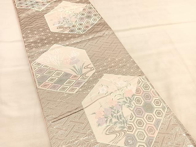 平和屋着物◎六通柄袋帯 唐織 亀甲有職花文 銀糸 正絹 逸品 未使用 BAAU8148hv