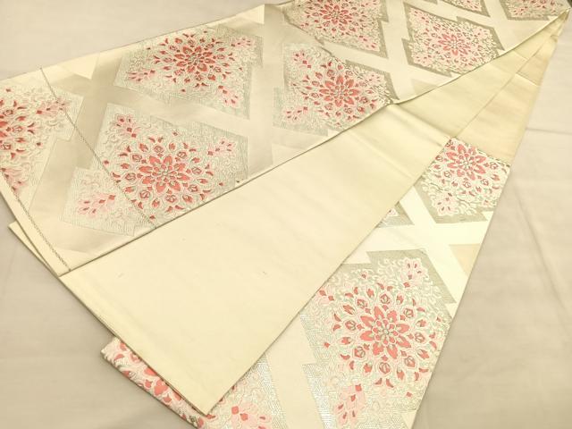 平和屋着物◎六通柄袋帯 唐織 松皮菱飾花文 銀糸 正絹 逸品 BAAU8257hv