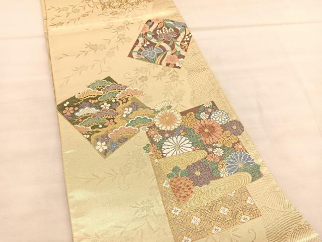 平和屋着物◎六通柄袋帯 色紙花文 金糸 正絹 逸品 BAAU8273hv