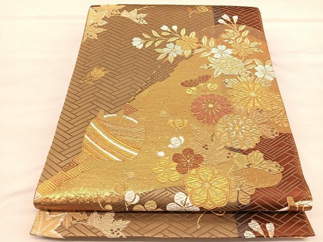 平和屋着物◎六通柄袋帯 唐織 糸巻き車遠山花文 金銀糸 正絹 逸品 BAAU8281hv